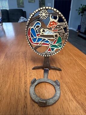 Terra Santa Guild Nativity scene candle holder. Vintage Brass and Enamel. Israel